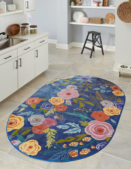 Blue 7' 10 x 10' Blossom Oval Area Rug 100% Polypropylene With Cotton Backing Easy Clean Colorful Blooming Blossoming Flower Floral Plant Carpet for Living Dining Room Office Dorms for Sale at Rug Engine