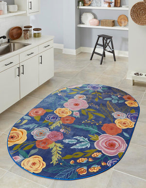 Blue 3' 3 x 5' 3 Blossom Oval Area Rug 100% Polypropylene With Cotton Backing Easy Clean Colorful Blooming Blossoming Flower Floral Plant Carpet for Living Dining Room Office Dorms for Sale at Rug Engine