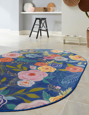 Blue 3' 3 x 5' 3 Blossom Oval Area Rug 100% Polypropylene With Cotton Backing Easy Clean Colorful Blooming Blossoming Flower Floral Plant Carpet for Living Dining Room Office Dorms for Sale at Rug Engine
