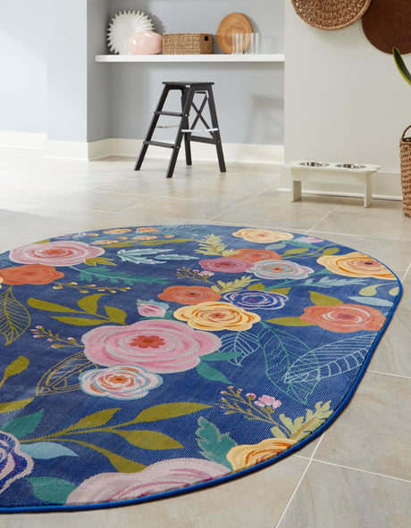Blue 2' x 3' 1 Blossom Oval Area Rug 100% Polypropylene With Cotton Backing Easy Clean Colorful Blooming Blossoming Flower Floral Plant Carpet for Living Dining Room Office Dorms for Sale at Rug Engine