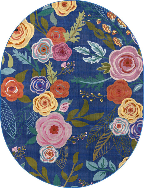 Blue 7' 10 x 10' Blossom Oval Area Rug 100% Polypropylene With Cotton Backing Easy Clean Colorful Blooming Blossoming Flower Floral Plant Carpet for Living Dining Room Office Dorms for Sale at Rug Engine