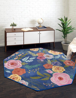 Blue 6' x 6' Blossom Octagon Area Rug 100% Polypropylene With Cotton Backing Easy Clean Colorful Blooming Blossoming Flower Floral Plant Carpet for Living Dining Room Office Dorms for Sale at Rug Engine