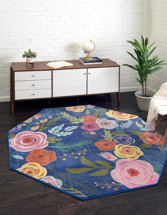 Blue 6' x 6' Blossom Octagon Area Rug 100% Polypropylene With Cotton Backing Easy Clean Colorful Blooming Blossoming Flower Floral Plant Carpet for Living Dining Room Office Dorms for Sale at Rug Engine