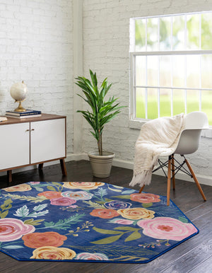 Blue 6' x 6' Blossom Octagon Area Rug 100% Polypropylene With Cotton Backing Easy Clean Colorful Blooming Blossoming Flower Floral Plant Carpet for Living Dining Room Office Dorms for Sale at Rug Engine