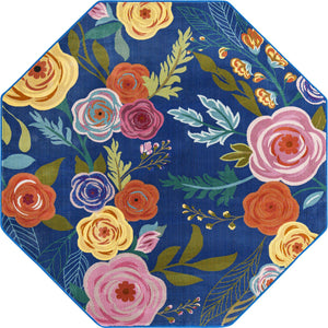 Blue 6' x 6' Blossom Octagon Area Rug 100% Polypropylene With Cotton Backing Easy Clean Colorful Blooming Blossoming Flower Floral Plant Carpet for Living Dining Room Office Dorms for Sale at Rug Engine