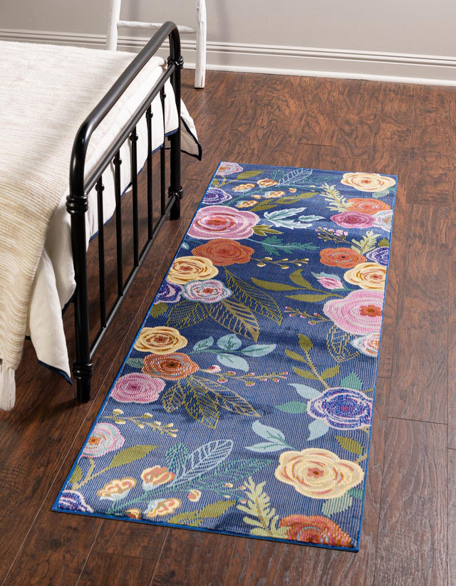 Blue 2' x 8' Blossom Runner Area Rug 100% Polypropylene With Cotton Backing Easy Clean Colorful Blooming Blossoming Flower Floral Plant Carpet for Living Dining Room Office Dorms for Sale at Rug Engine