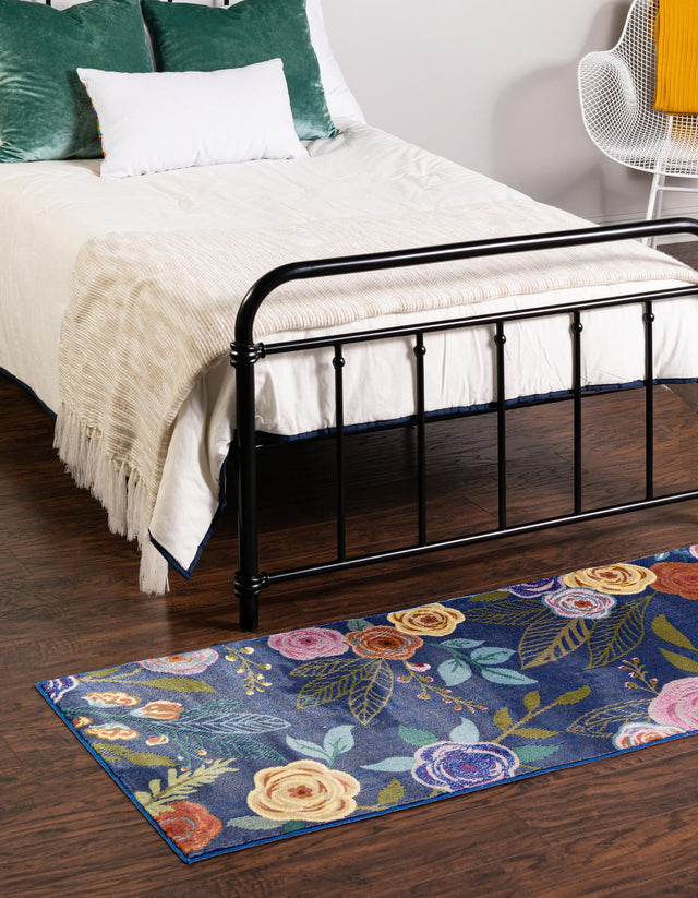 Blue 2' 7 x 12' Blossom Runner Area Rug 100% Polypropylene With Cotton Backing Easy Clean Colorful Blooming Blossoming Flower Floral Plant Carpet for Living Dining Room Office Dorms for Sale at Rug Engine