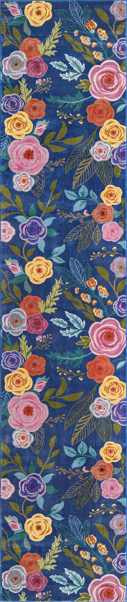 Blue 2' 7 x 12' Blossom Runner Area Rug 100% Polypropylene With Cotton Backing Easy Clean Colorful Blooming Blossoming Flower Floral Plant Carpet for Living Dining Room Office Dorms for Sale at Rug Engine