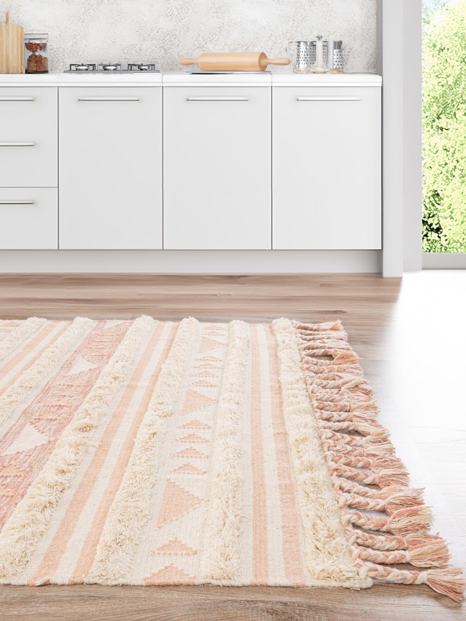 Baby Pink 4' 1 x 6' 1 Mesa Rectangle Area Rug 100% Wool Geometric All Natural Carpet for Living, Dining, Office, Bedrooms, Dorms, Kitchens for Sale at Rug Engine