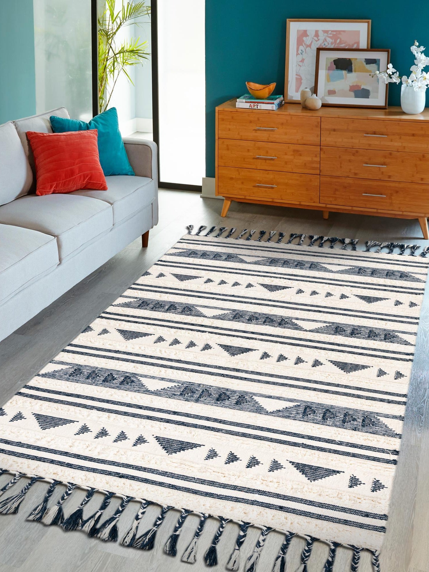 Navy Blue 5' 1 x 8' Mesa Rectangle Area Rug 100% Wool Geometric All Natural Carpet for Living, Dining, Office, Bedrooms, Dorms, Kitchens for Sale at Rug Engine