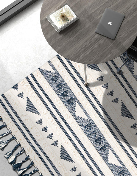 Navy Blue 4' 1 x 6' 1 Mesa Rectangle Area Rug 100% Wool Geometric All Natural Carpet for Living, Dining, Office, Bedrooms, Dorms, Kitchens for Sale at Rug Engine