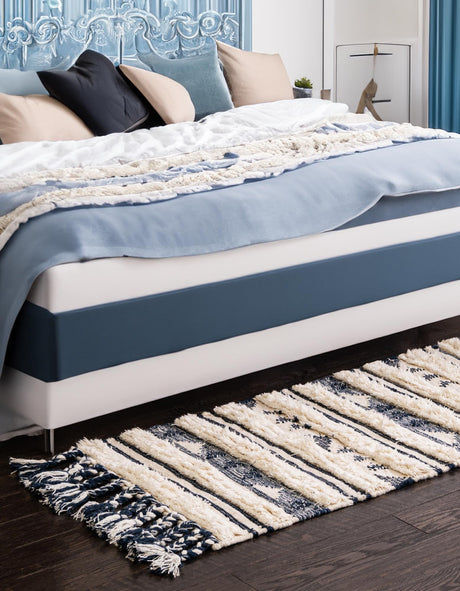 Navy Blue 2' 2 x 6' 1 Mesa Runner Area Rug 100% Wool Geometric All Natural Carpet for Living, Dining, Office, Bedrooms, Dorms, Kitchens for Sale at Rug Engine
