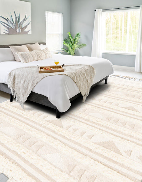 Ivory 6' 1 x 9' Mesa Rectangle Area Rug 100% Wool Geometric All Natural Carpet for Living, Dining, Office, Bedrooms, Dorms, Kitchens for Sale at Rug Engine