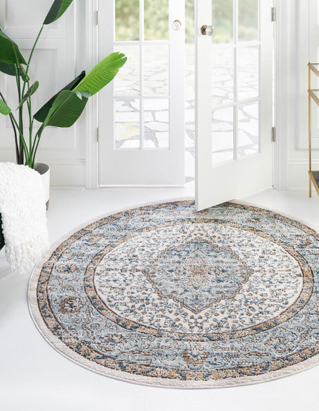 Blue 12' x 12' Nyla Round Area Rug 100% Polypropylene Traditional Classic Carpet for Living Room, Kitchen, Bedroom, Dining, Office for Sale at Rug Engine