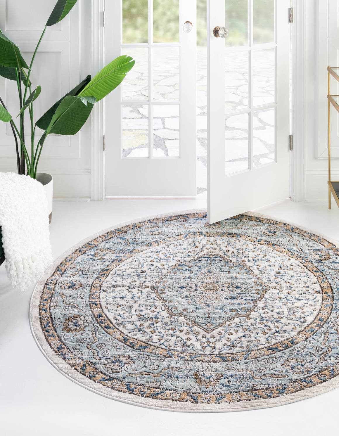 Blue 3' 3 x 3' 3 Nyla Round Area Rug 100% Polypropylene Traditional Classic Carpet for Living Room, Kitchen, Bedroom, Dining, Office for Sale at Rug Engine