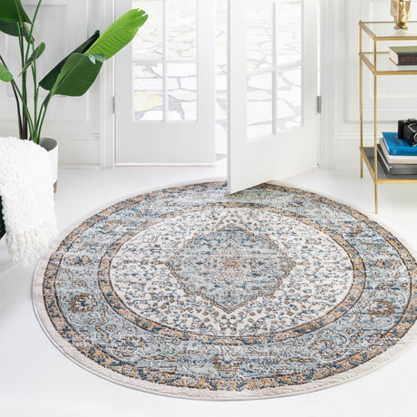 Blue 5' 3 x 5' 3 Nyla Round Area Rug 100% Polypropylene Traditional Classic Carpet for Living Room, Kitchen, Bedroom, Dining, Office for Sale at Rug Engine