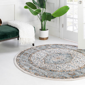 Blue 5' 3 x 5' 3 Nyla Round Area Rug 100% Polypropylene Traditional Classic Carpet for Living Room, Kitchen, Bedroom, Dining, Office for Sale at Rug Engine