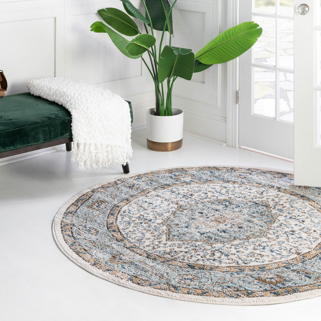 Blue 5' 3 x 5' 3 Nyla Round Area Rug 100% Polypropylene Traditional Classic Carpet for Living Room, Kitchen, Bedroom, Dining, Office for Sale at Rug Engine