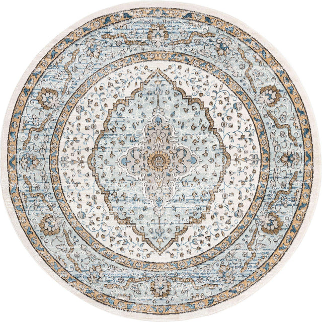 Blue 7' x 7' Nyla Round Area Rug 100% Polypropylene Traditional Classic Carpet for Living Room, Kitchen, Bedroom, Dining, Office for Sale at Rug Engine