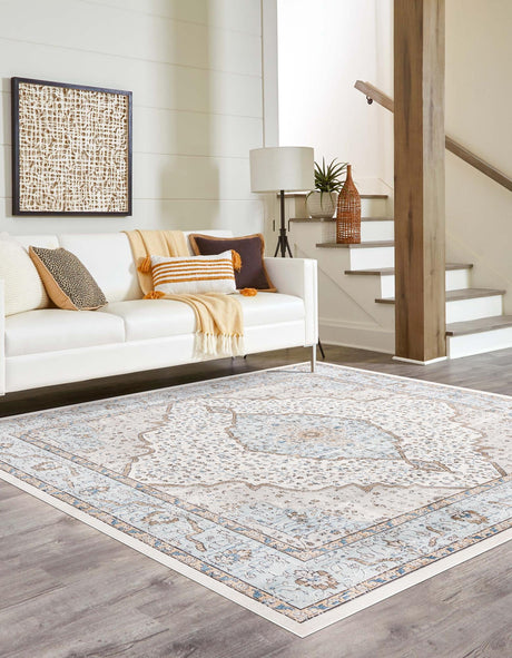 Blue 6' 1 x 6' 1 Nyla Square Area Rug 100% Polypropylene Traditional Classic Carpet for Living Room, Kitchen, Bedroom, Dining, Office for Sale at Rug Engine