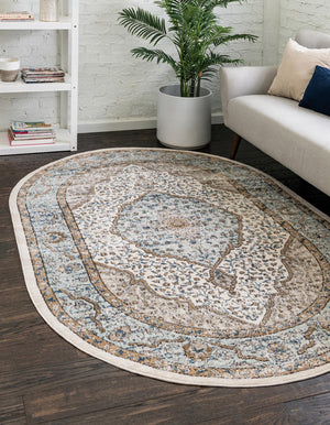Blue 4' x 6' Nyla Oval Area Rug 100% Polypropylene Traditional Classic Carpet for Living Room, Kitchen, Bedroom, Dining, Office for Sale at Rug Engine