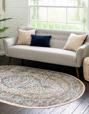 Blue 6' 1 x 9' Nyla Oval Area Rug 100% Polypropylene Traditional Classic Carpet for Living Room, Kitchen, Bedroom, Dining, Office for Sale at Rug Engine