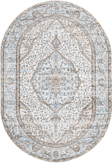 Blue 5' 3 x 8' Nyla Oval Area Rug 100% Polypropylene Traditional Classic Carpet for Living Room, Kitchen, Bedroom, Dining, Office for Sale at Rug Engine