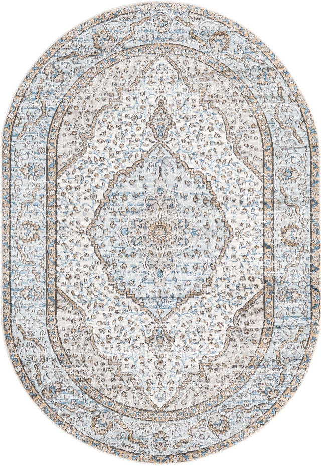 Blue 5' 3 x 8' Nyla Oval Area Rug 100% Polypropylene Traditional Classic Carpet for Living Room, Kitchen, Bedroom, Dining, Office for Sale at Rug Engine