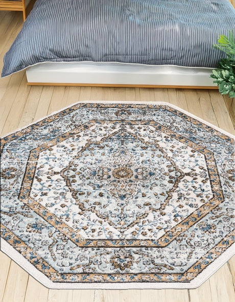 Blue 7' x 7' Nyla Octagon Area Rug 100% Polypropylene Traditional Classic Carpet for Living Room, Kitchen, Bedroom, Dining, Office for Sale at Rug Engine