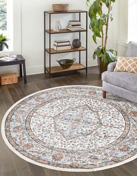 Ivory 7' x 7' Nyla Round Area Rug 100% Polypropylene Traditional Classic Carpet for Living Room, Kitchen, Bedroom, Dining, Office for Sale at Rug Engine