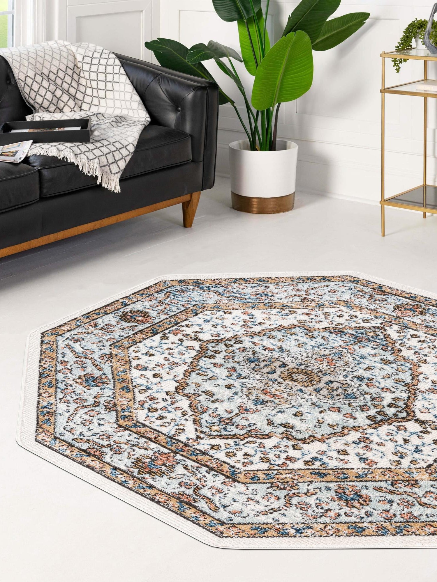 Ivory 7' x 7' Nyla Octagon Area Rug 100% Polypropylene Traditional Classic Carpet for Living Room, Kitchen, Bedroom, Dining, Office for Sale at Rug Engine