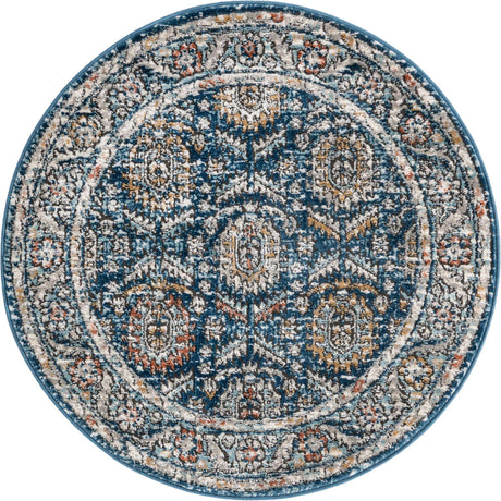 Blue 3' 3 x 3' 3 Nyla Round Area Rug 100% Polypropylene Traditional Classic Carpet for Living Room, Kitchen, Bedroom, Dining, Office for Sale at Rug Engine
