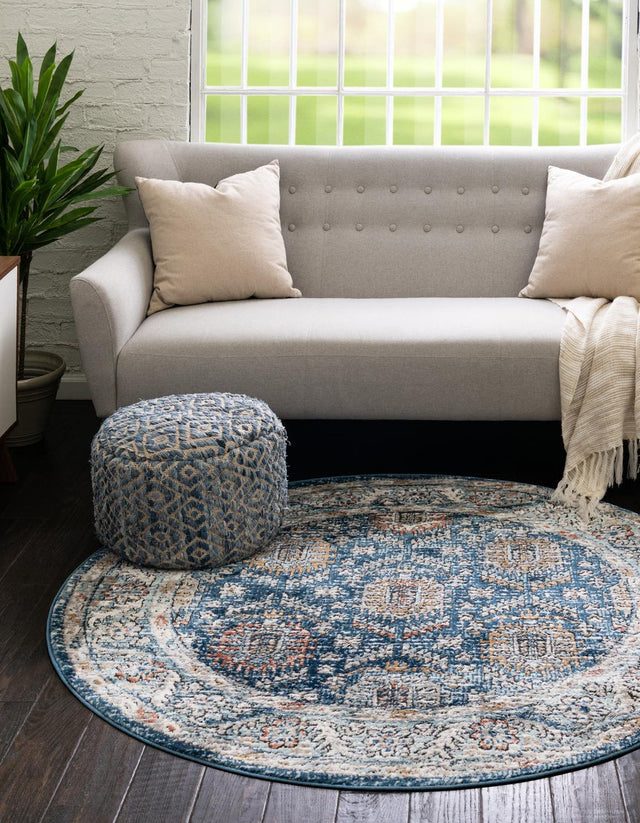 Blue 3' 3 x 3' 3 Nyla Round Area Rug 100% Polypropylene Traditional Classic Carpet for Living Room, Kitchen, Bedroom, Dining, Office for Sale at Rug Engine