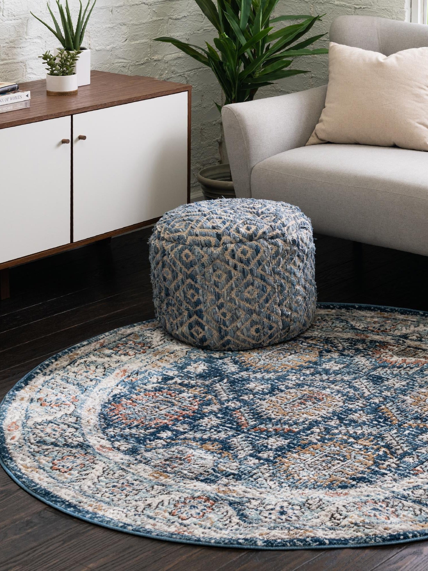 Blue 12' x 12' Nyla Round Area Rug 100% Polypropylene Traditional Classic Carpet for Living Room, Kitchen, Bedroom, Dining, Office for Sale at Rug Engine