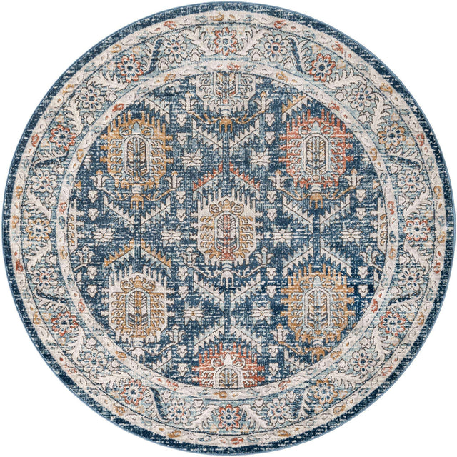 Blue 7' x 7' Nyla Round Area Rug 100% Polypropylene Traditional Classic Carpet for Living Room, Kitchen, Bedroom, Dining, Office for Sale at Rug Engine
