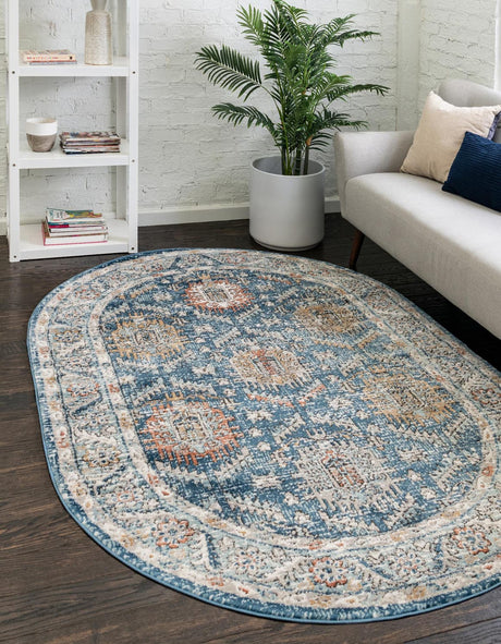 Blue 4' x 6' Nyla Oval Area Rug 100% Polypropylene Traditional Classic Carpet for Living Room, Kitchen, Bedroom, Dining, Office for Sale at Rug Engine