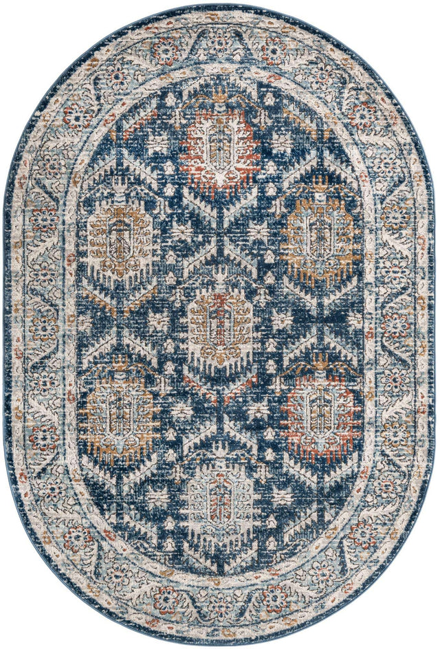 Blue 5' 3 x 8' Nyla Oval Area Rug 100% Polypropylene Traditional Classic Carpet for Living Room, Kitchen, Bedroom, Dining, Office for Sale at Rug Engine