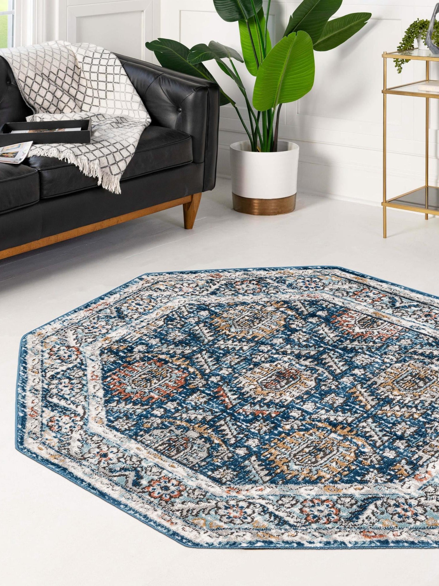 Blue 4' x 4' Nyla Octagon Area Rug 100% Polypropylene Traditional Classic Carpet for Living Room, Kitchen, Bedroom, Dining, Office for Sale at Rug Engine