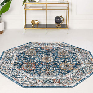 Blue 7' x 7' Nyla Octagon Area Rug 100% Polypropylene Traditional Classic Carpet for Living Room, Kitchen, Bedroom, Dining, Office for Sale at Rug Engine