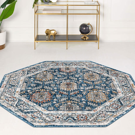 Blue 7' x 7' Nyla Octagon Area Rug 100% Polypropylene Traditional Classic Carpet for Living Room, Kitchen, Bedroom, Dining, Office for Sale at Rug Engine