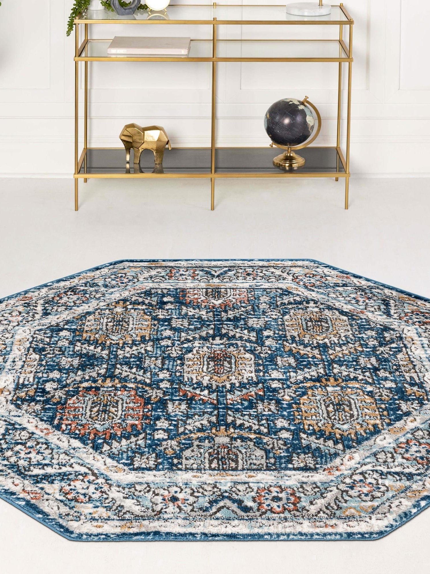 Blue 4' x 4' Nyla Octagon Area Rug 100% Polypropylene Traditional Classic Carpet for Living Room, Kitchen, Bedroom, Dining, Office for Sale at Rug Engine