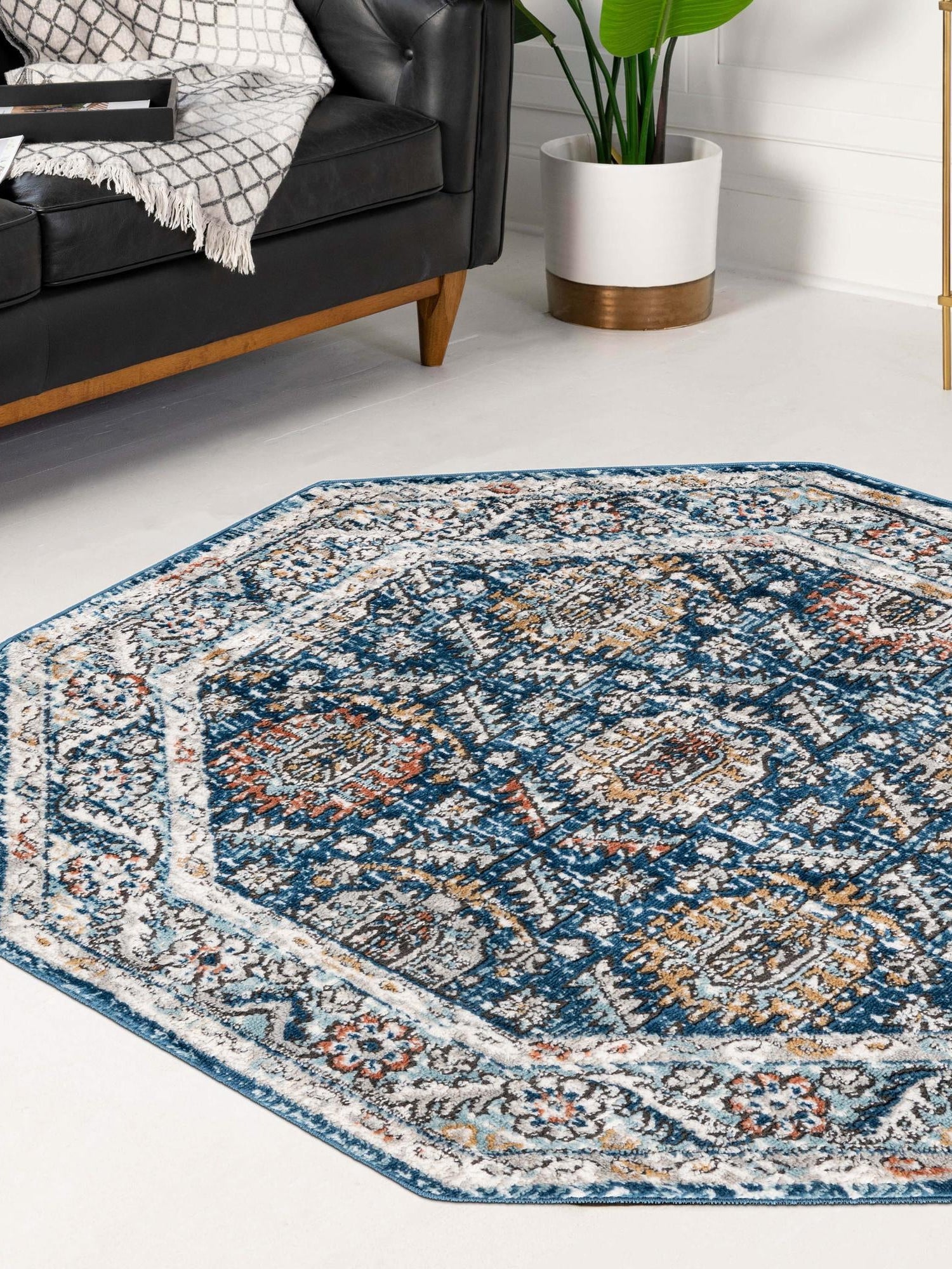 Blue 4' x 4' Nyla Octagon Area Rug 100% Polypropylene Traditional Classic Carpet for Living Room, Kitchen, Bedroom, Dining, Office for Sale at Rug Engine