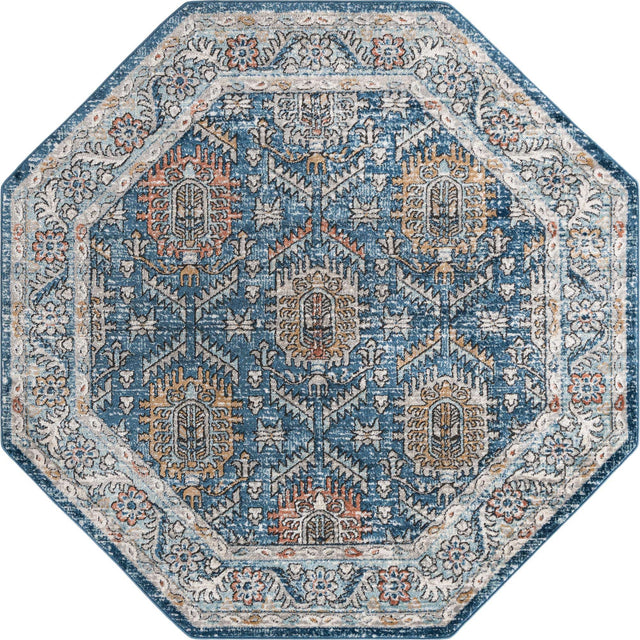 Blue 7' x 7' Nyla Octagon Area Rug 100% Polypropylene Traditional Classic Carpet for Living Room, Kitchen, Bedroom, Dining, Office for Sale at Rug Engine