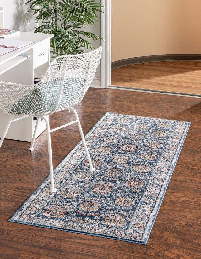 Blue 2' 7 x 12' Nyla Runner Area Rug 100% Polypropylene Traditional Classic Carpet for Living Room, Kitchen, Bedroom, Dining, Office for Sale at Rug Engine