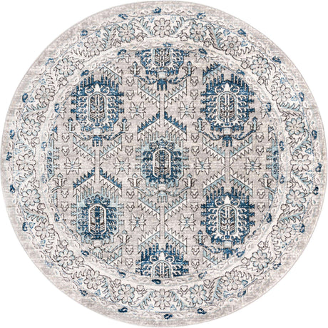 Gray 7' x 7' Nyla Round Area Rug 100% Polypropylene Traditional Classic Carpet for Living Room, Kitchen, Bedroom, Dining, Office for Sale at Rug Engine
