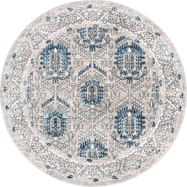 Gray 7' x 7' Nyla Round Area Rug 100% Polypropylene Traditional Classic Carpet for Living Room, Kitchen, Bedroom, Dining, Office for Sale at Rug Engine