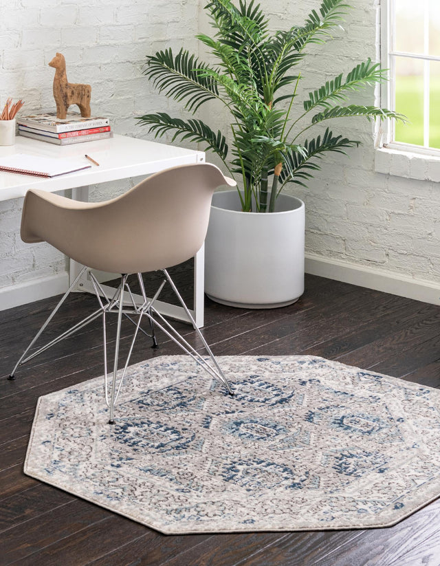 Gray 7' x 7' Nyla Octagon Area Rug 100% Polypropylene Traditional Classic Carpet for Living Room, Kitchen, Bedroom, Dining, Office for Sale at Rug Engine