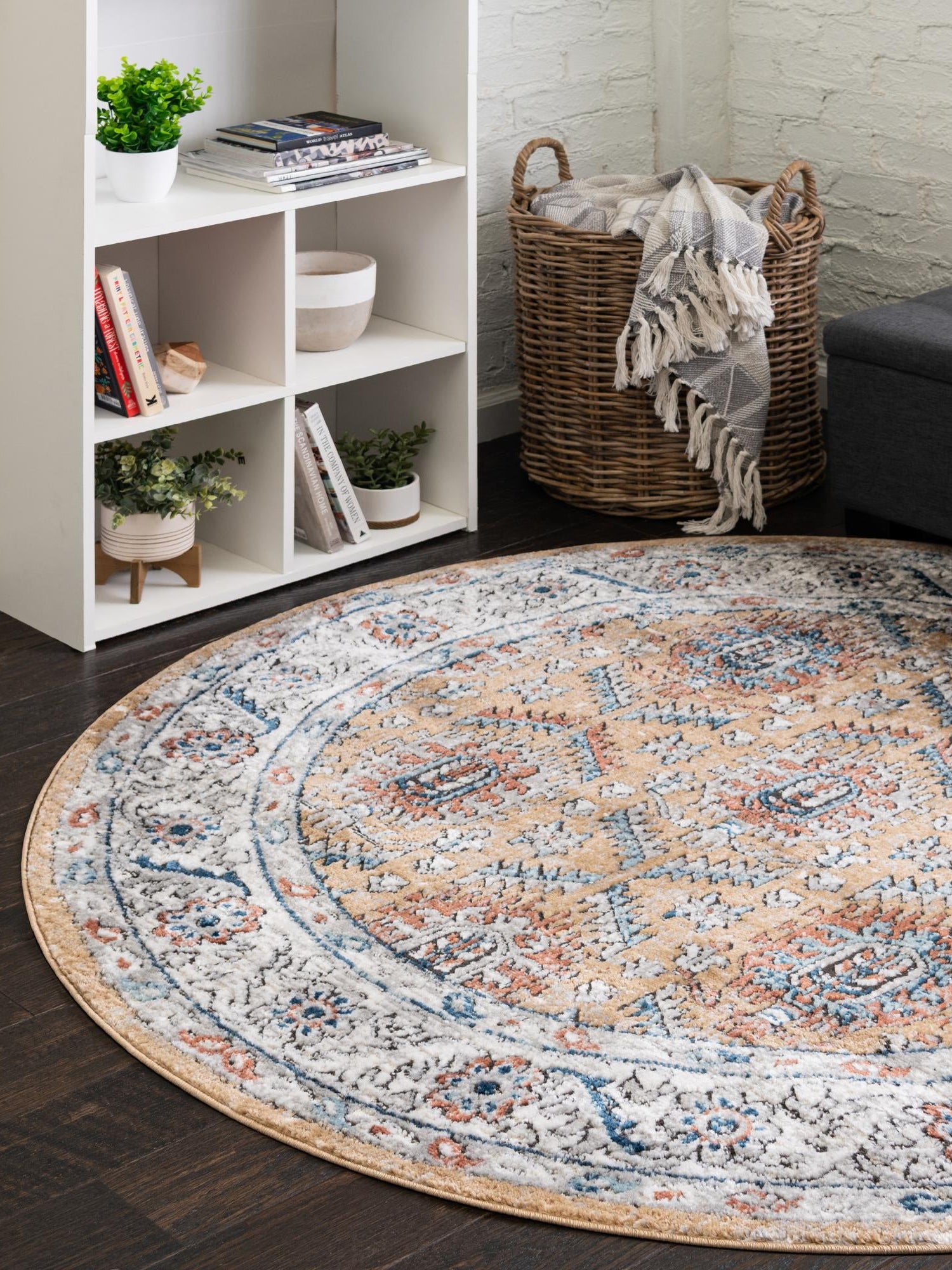 Mustard Yellow 7' x 7' Nyla Round Area Rug 100% Polypropylene Traditional Classic Carpet for Living Room, Kitchen, Bedroom, Dining, Office for Sale at Rug Engine