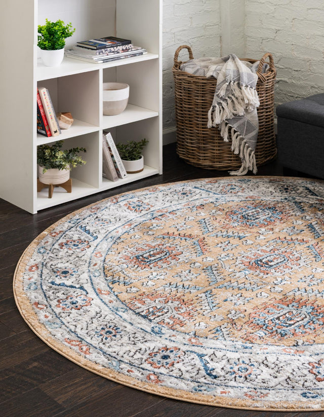 Mustard Yellow 3' 3 x 3' 3 Nyla Round Area Rug 100% Polypropylene Traditional Classic Carpet for Living Room, Kitchen, Bedroom, Dining, Office for Sale at Rug Engine