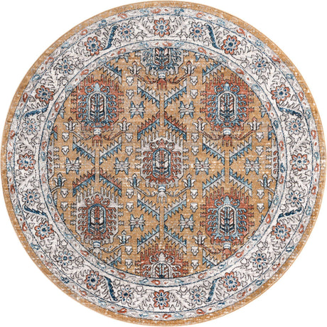 Mustard Yellow 7' x 7' Nyla Round Area Rug 100% Polypropylene Traditional Classic Carpet for Living Room, Kitchen, Bedroom, Dining, Office for Sale at Rug Engine